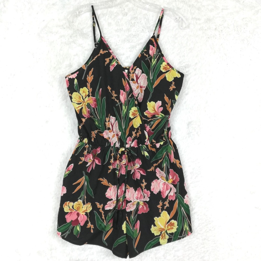 Ganji Womens Romper Black Floral V Neck Spaghetti Strap Faux Wrap Beachwear L